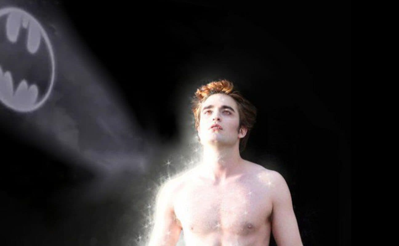 Montagem com Robert Pattinson e o símbolo do Batman
