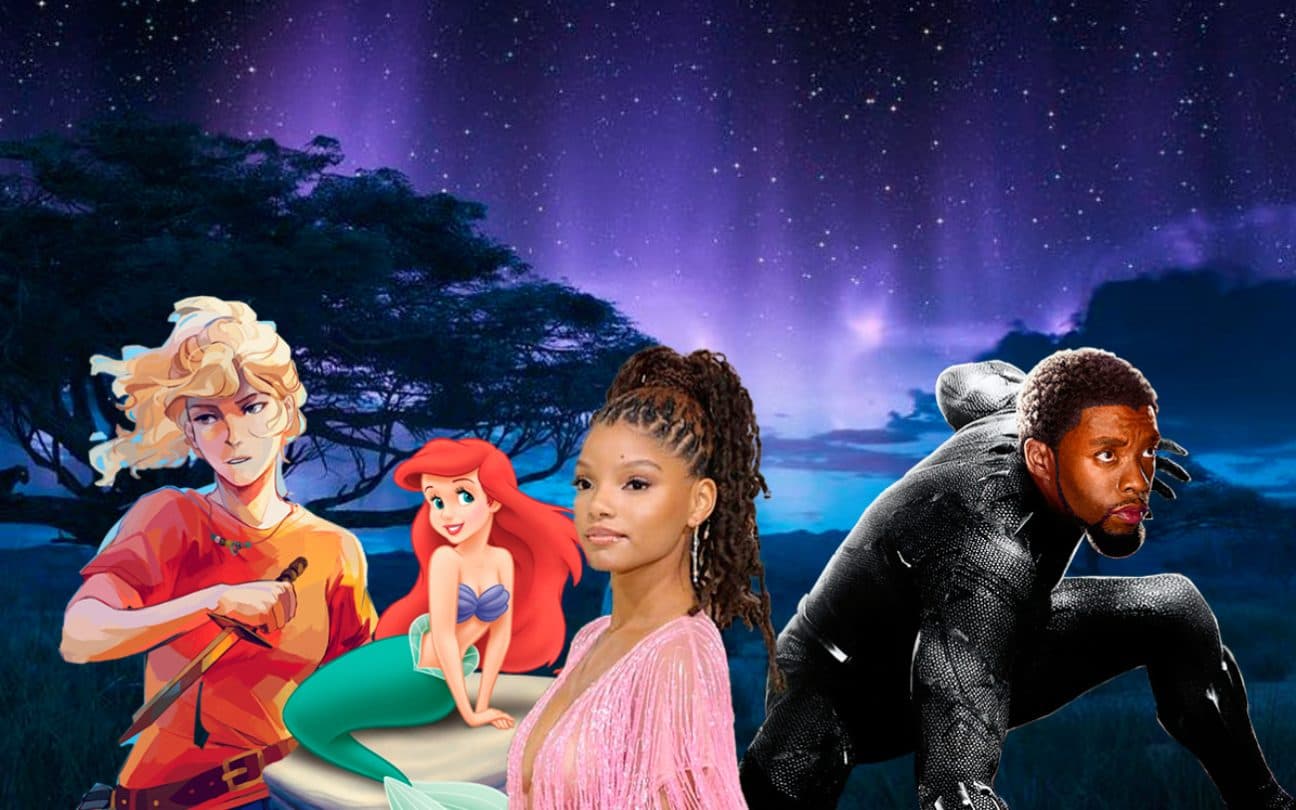 Montagem com as personagens Annabeth Chase, Pequena Sereia e Pantera Negra, e a atriz Halle Bailey