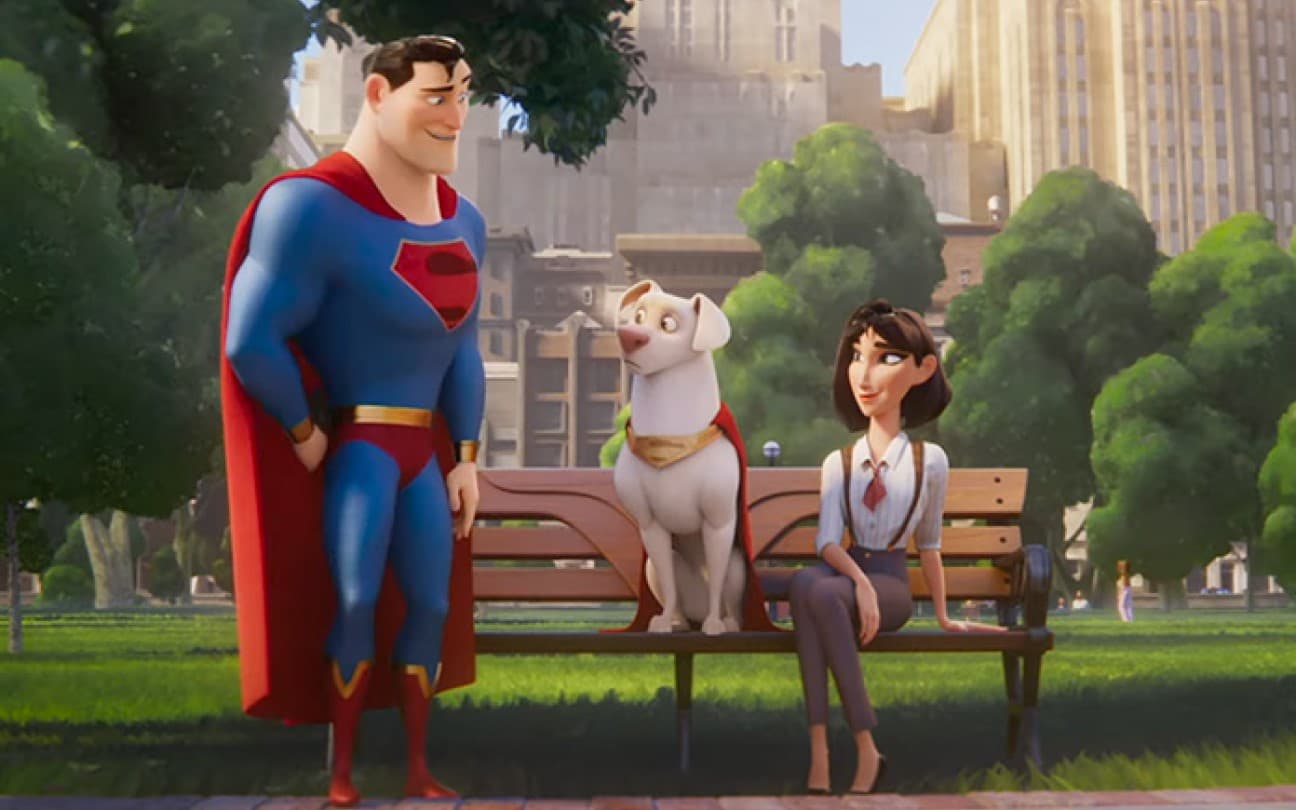 Superman, Krypto e Louis Lane em cena de DC Liga dos Superpets