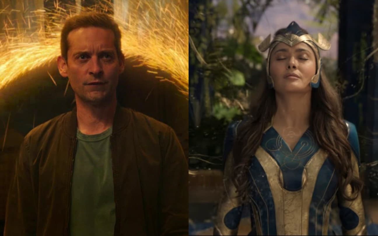 Tobey Maguire em Homem-Aranha: Sem Volta para Casa e Salma Hayek no filme Eternos