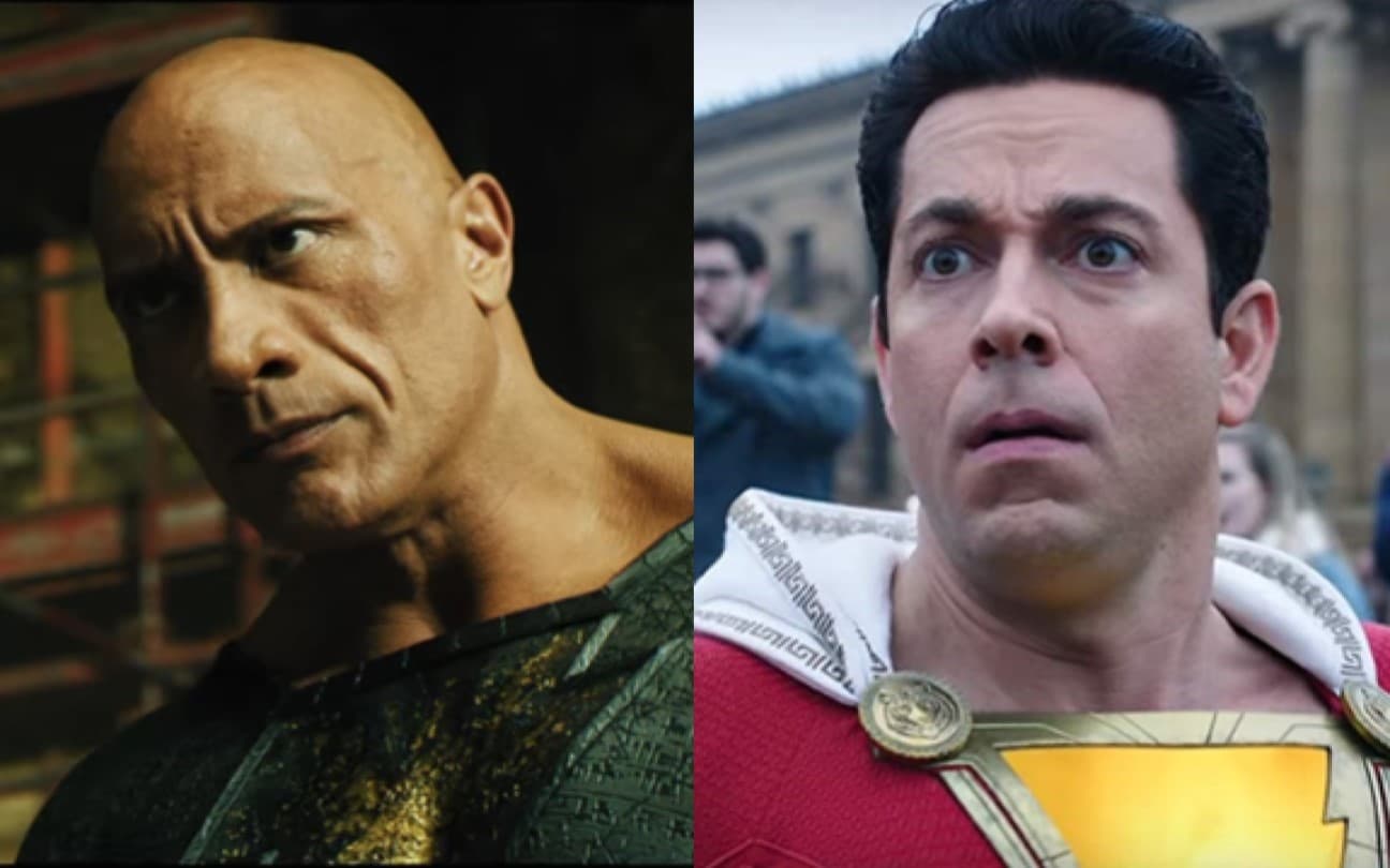 Montagem com Adão Negro (The Rock) e Shazam (Zachary Levi)