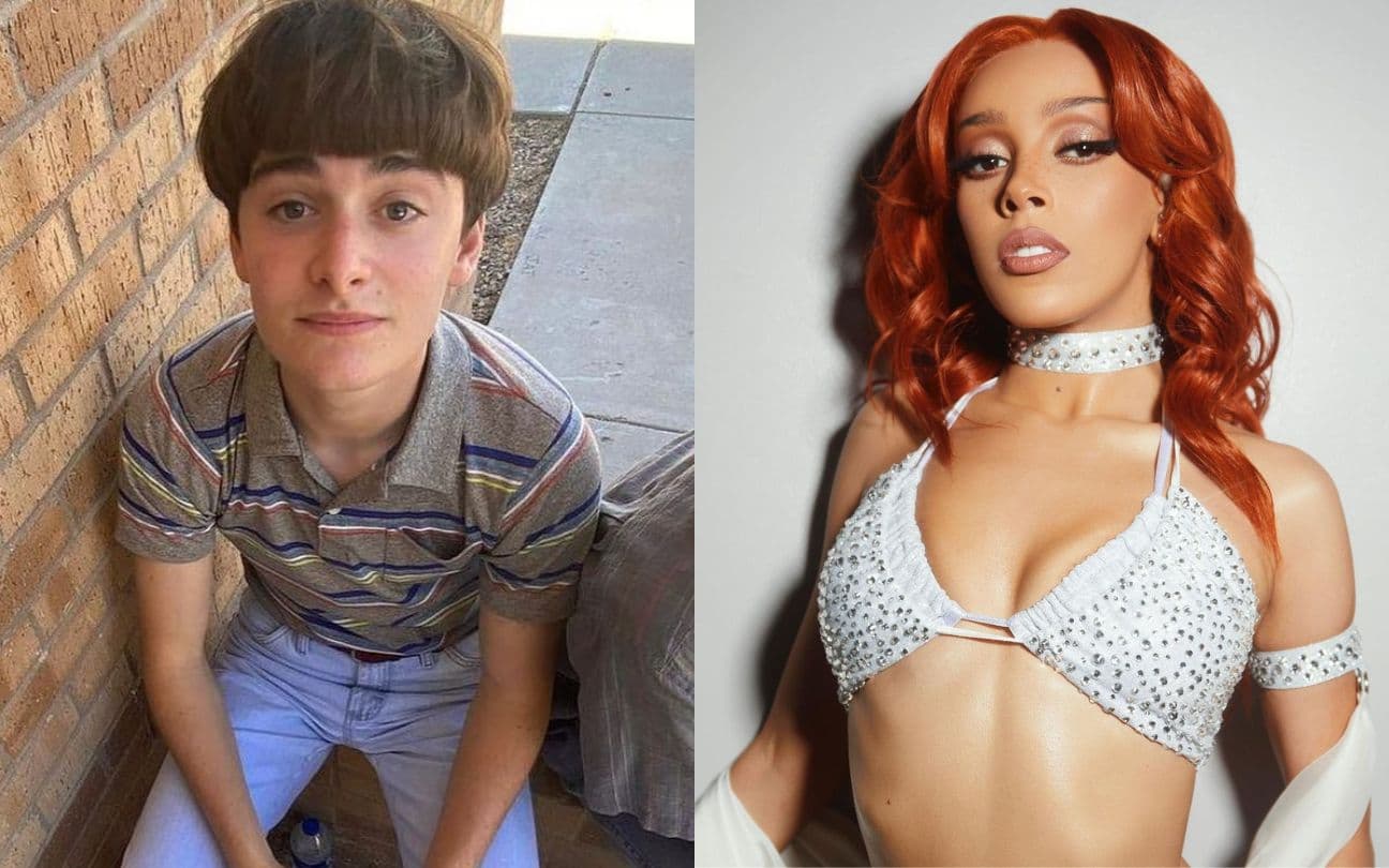 Montagem com retratos de Noah Schapp e Doja Cat