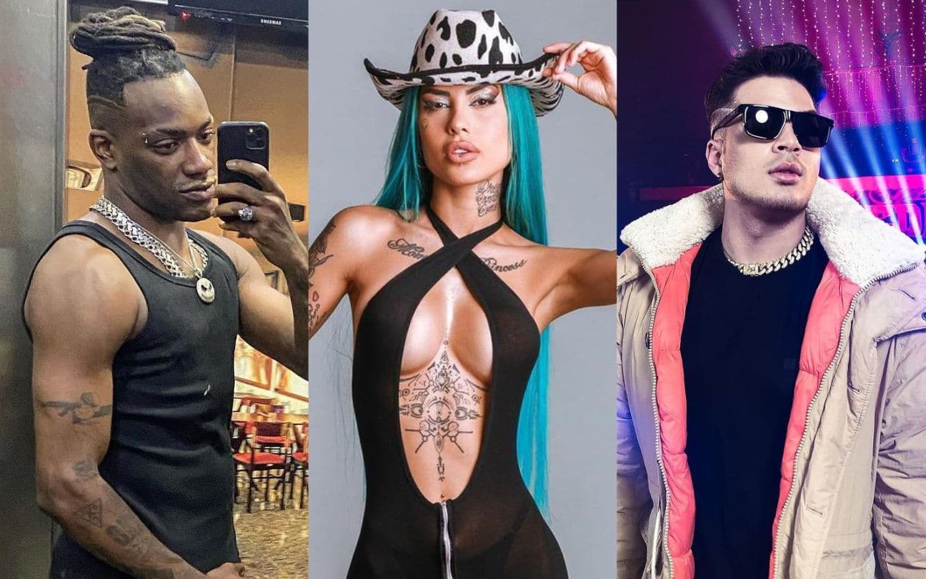 Montagem com fotos de Pelé MIlFlows, Tati Zaqui e Lucas Santos, de A Fazenda 14