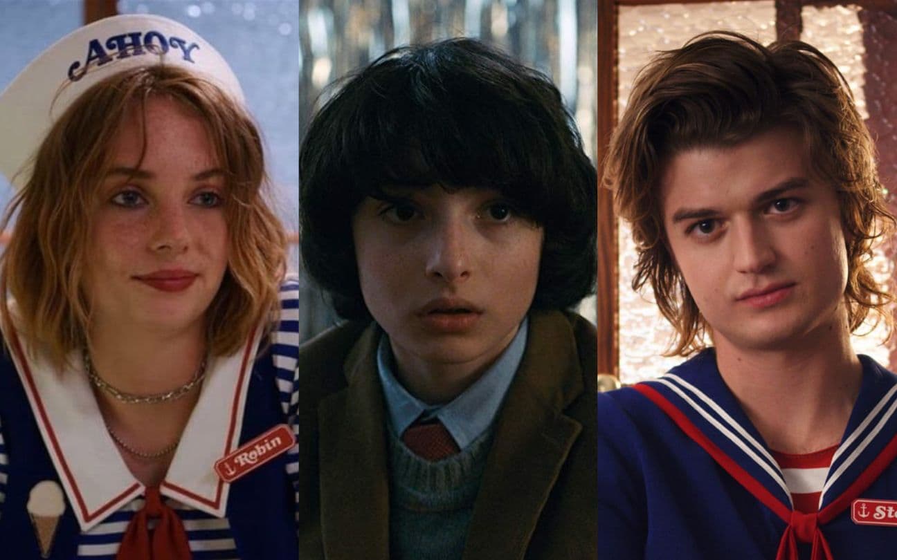 Colagem com cenas de Maya Hawke, Finn Wolfhard e Joe Keery em Stranger Things