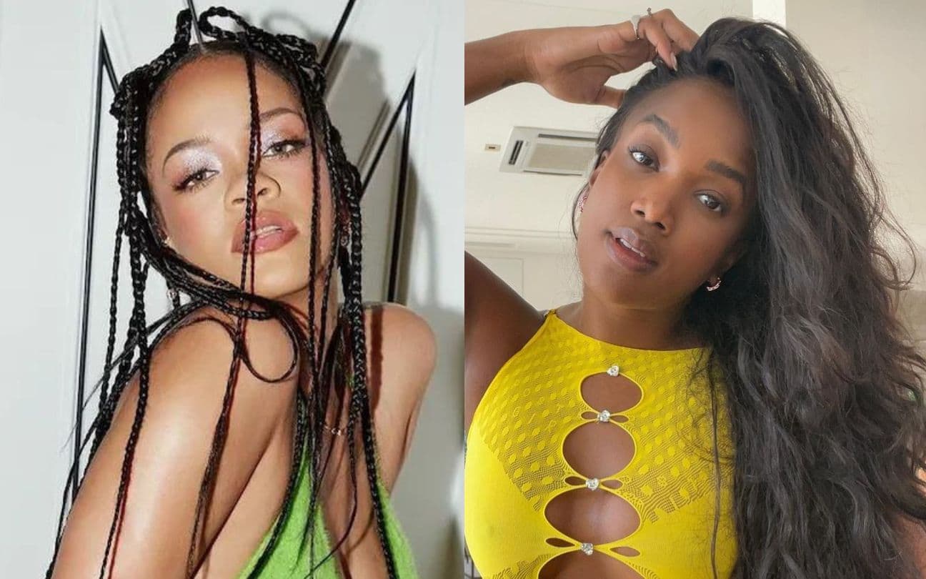 Montagem com fotos das cantoras Rihanna e Iza