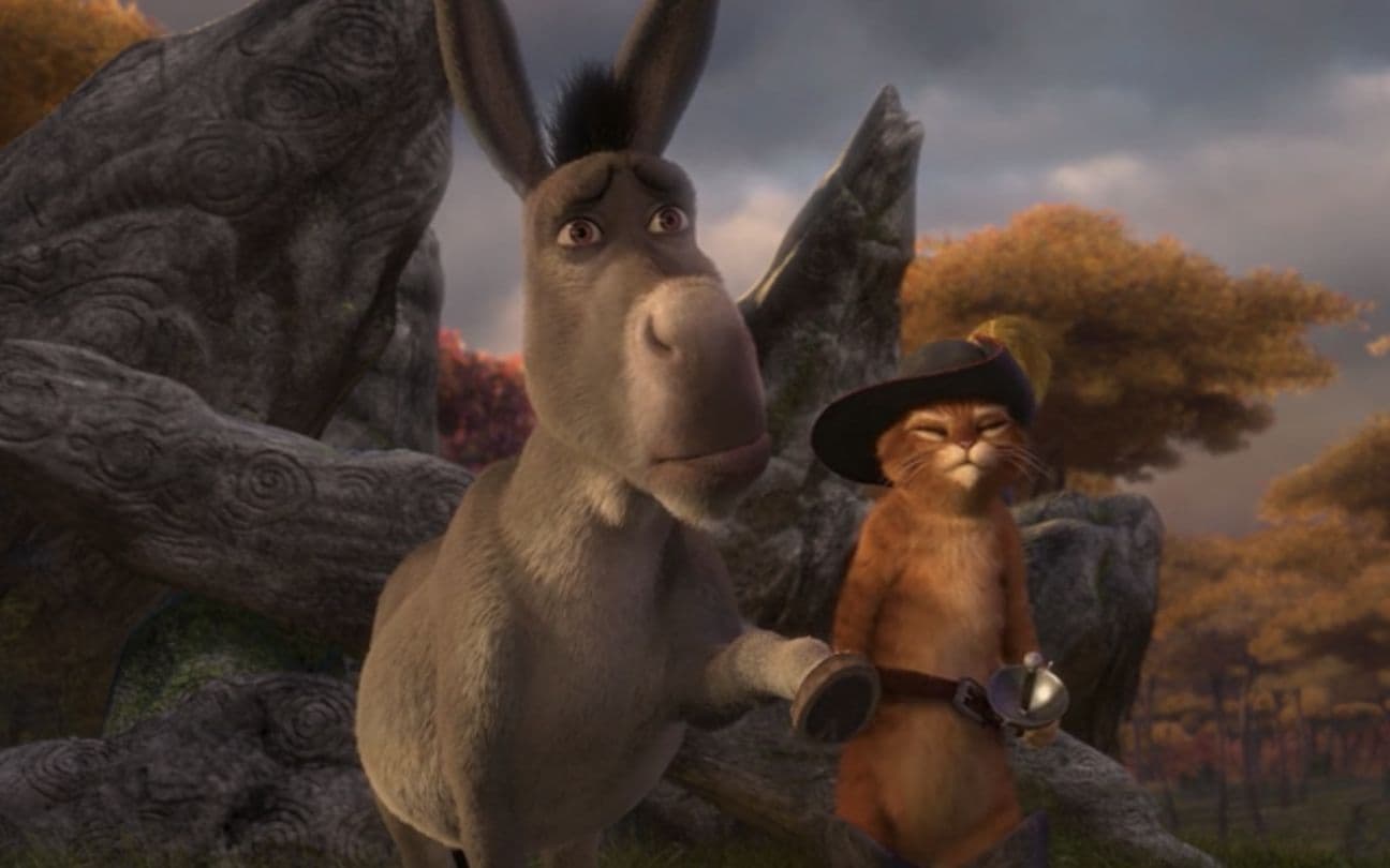 Burro e Gato de Botas em cena de Shrek