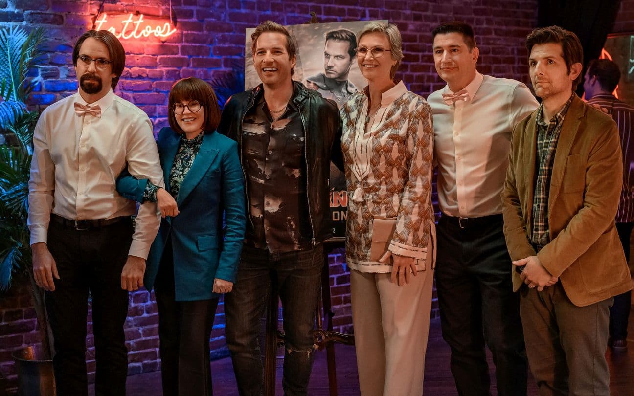 Martin Starr, Megan Mullally, Ryan Hansen, Jane Lynch, Ken Marino e Adam Scott em Party Down