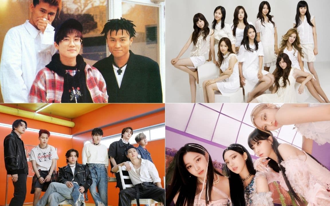 Montagem com fotos de Seo Taiji & The Boys, Girls' Generation, BTS e Aespa, representantes das quatro gerações do k-pop
