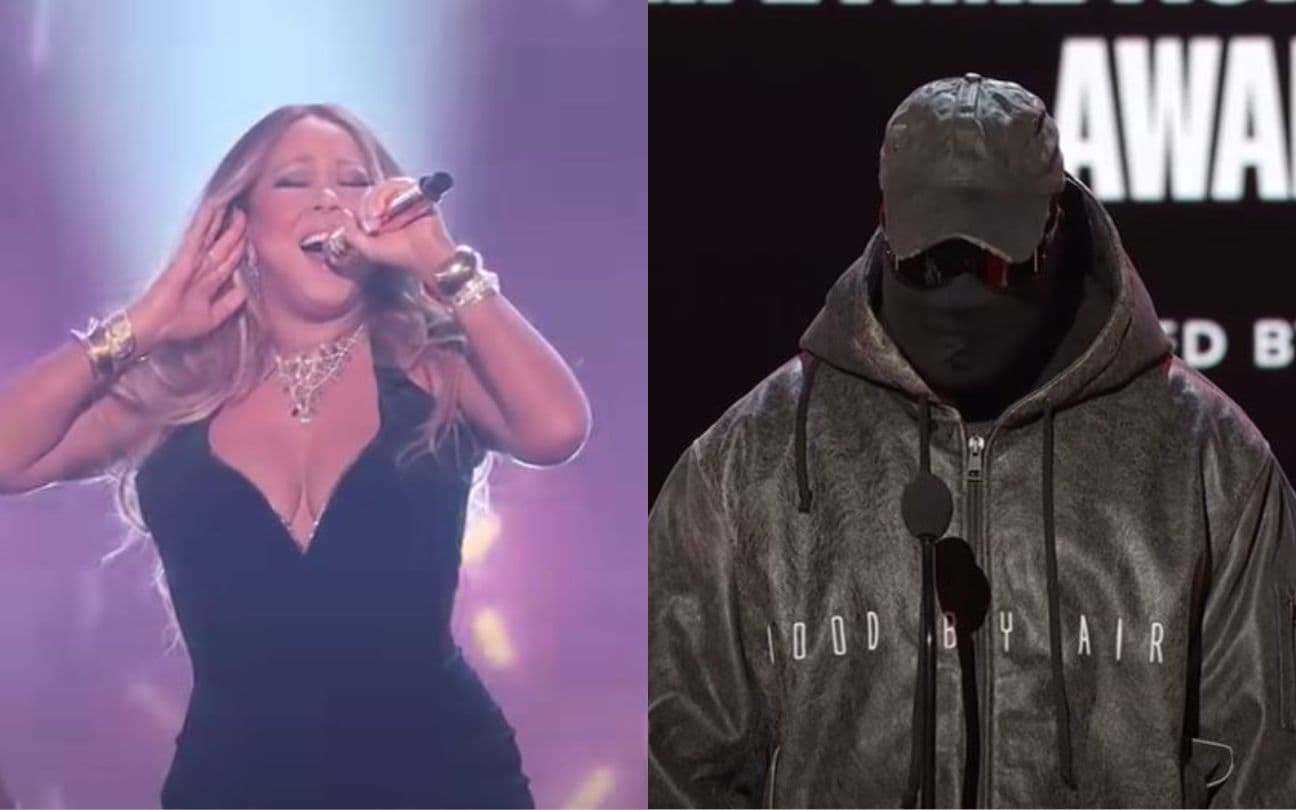 Montagem com Mariah Carey cantando e Kanye West fazendo discurso em palco do MET