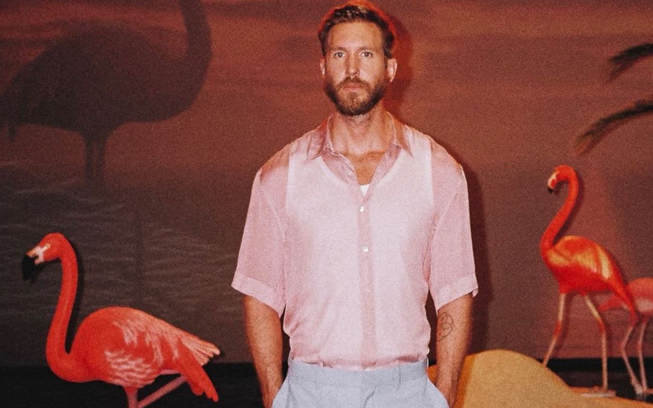 Calvin Harris em pé com a mão no bolso em cenário com flamingos falsos