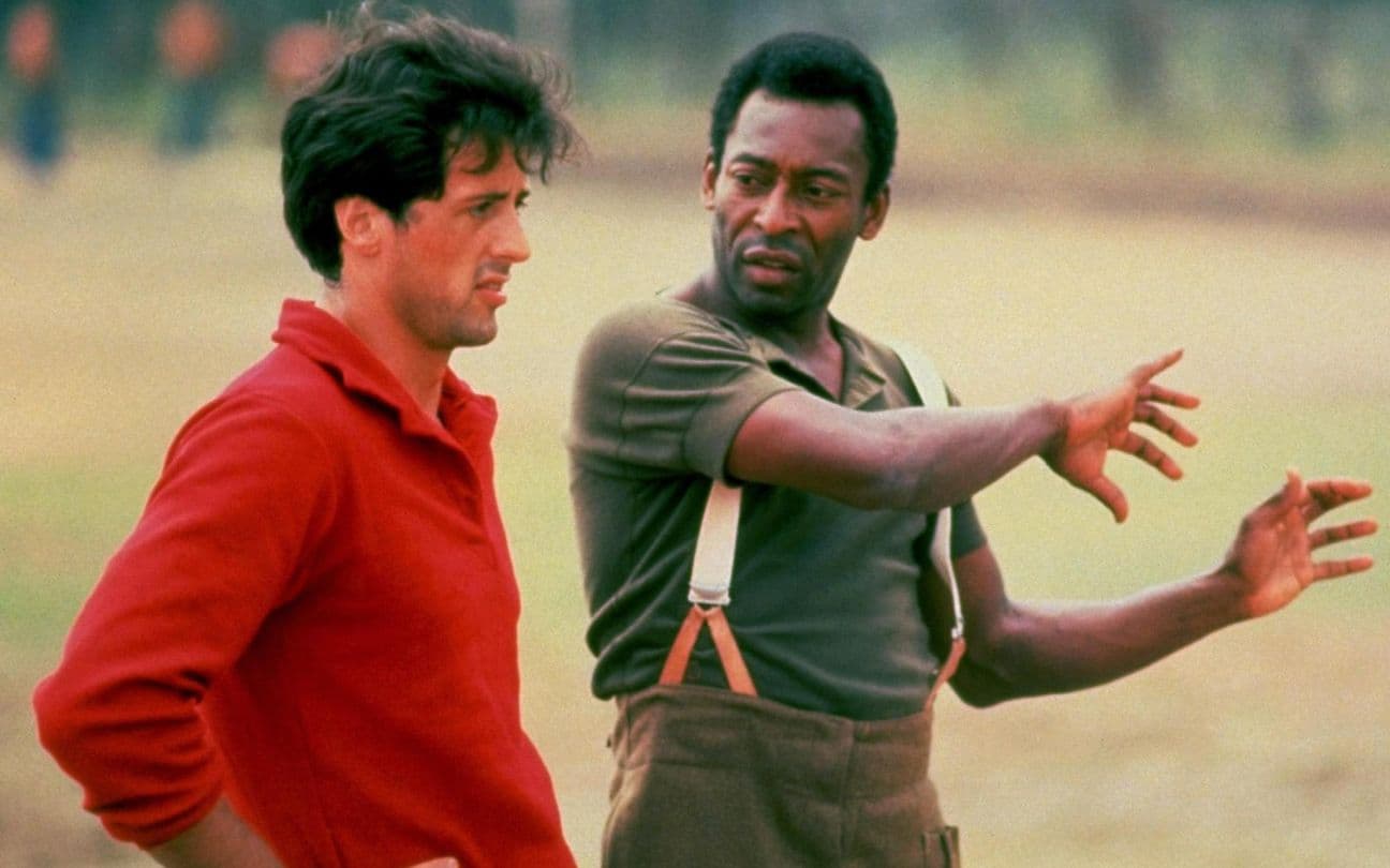 Sylvester Stallone e Pelé nas filmagens de Fuga para a Vitória