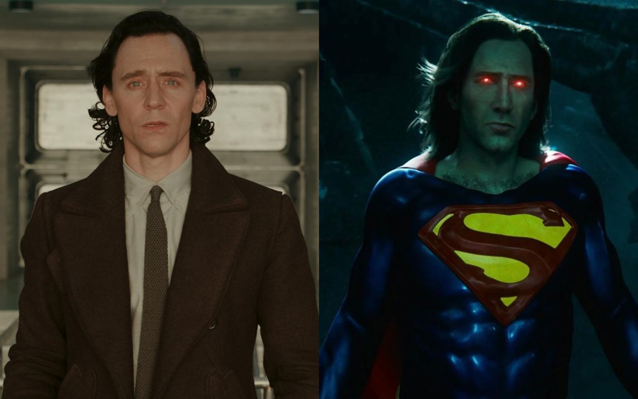 Montagem com Loki (Tom Hiddleston) na Marvel e Superman (Nicolas Cage) na DC