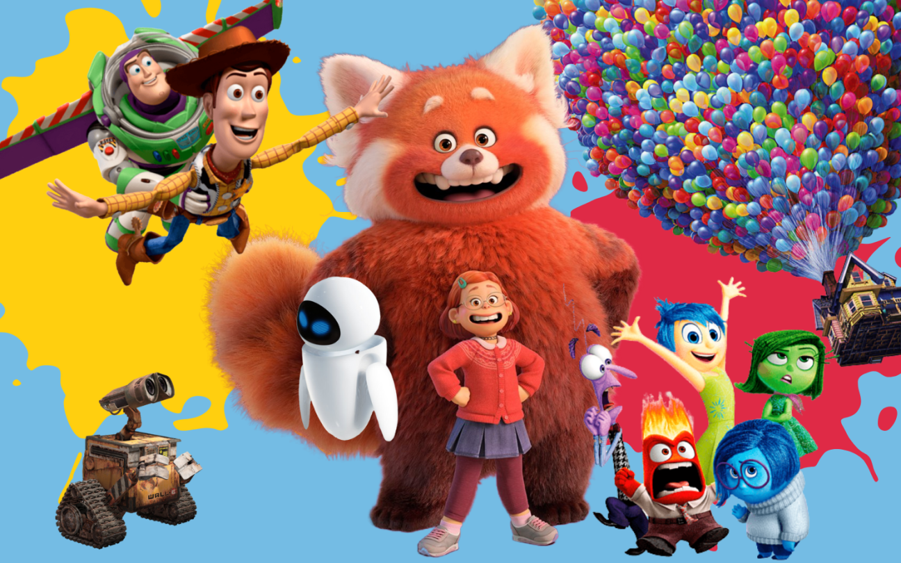 Capa do ranking da Pixar com imagens de Wall-E, Toy Story, Red, Divertida Mente e Up